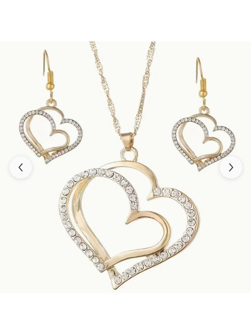 Double Heart-Shaped Gold Tone Crystal Necklace & Earrings Set